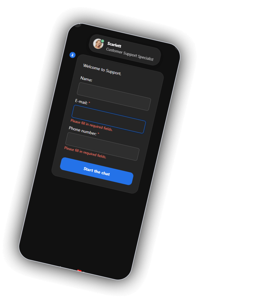 MythosWin Casino Neem contact met ons op: chatvenster van Scarlett met velden voor naam, e-mail en telefoon