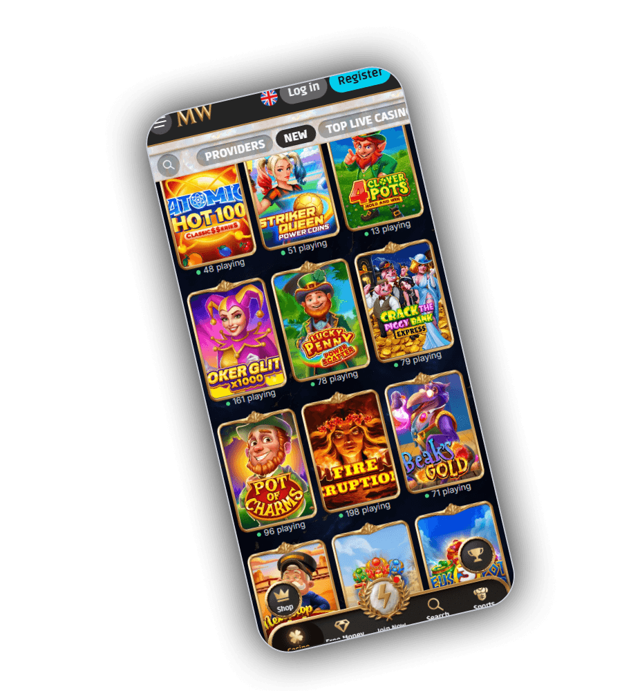Casinospellen van MythosWin met Atomic Hot 100, Fire Eruption en Pot of Charms in een raster van drie kolommen