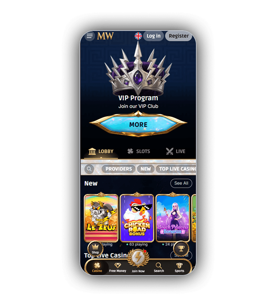 Lobby van het casino MythosWin met de VIP Program banner en de tabbladen LOBBY, SLOTS en LIVE