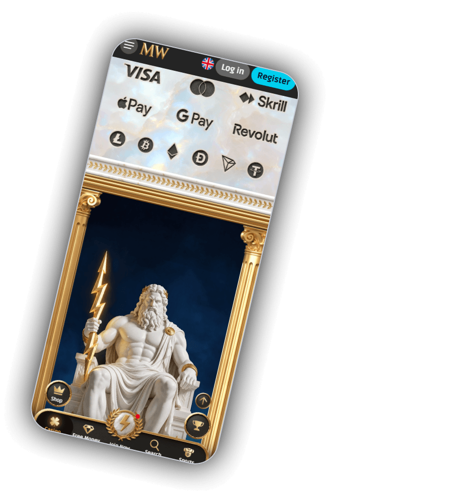 Betaalmethoden bij MythosWin Casino met Visa, Mastercard, Skrill en zes cryptomunten boven een beeld van Zeus