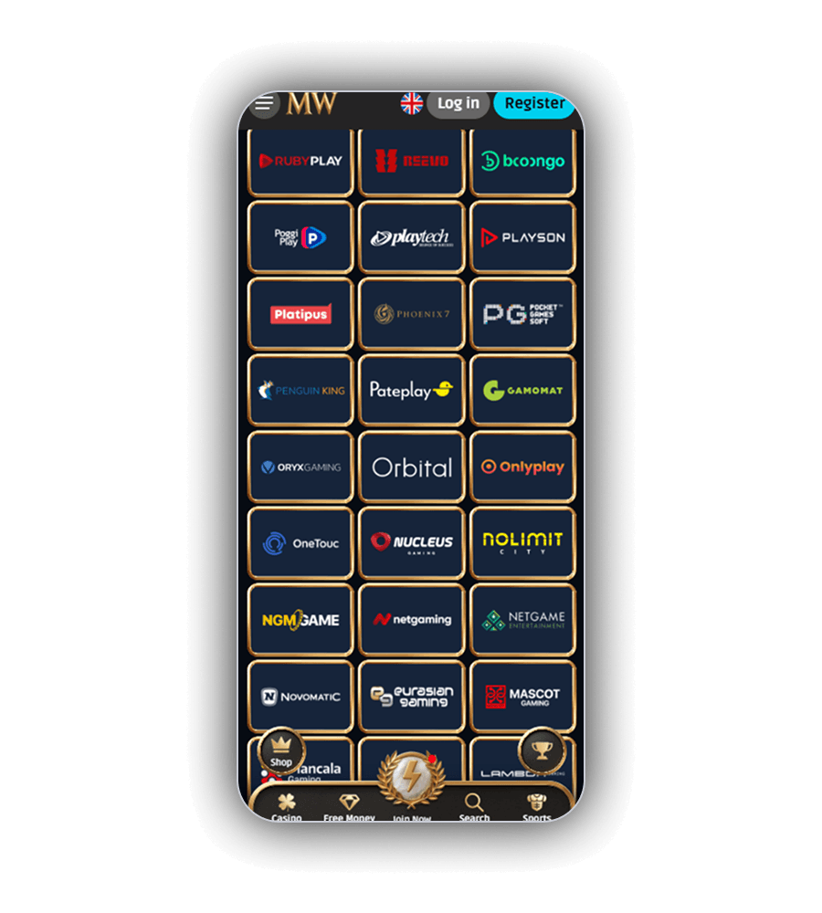 Spelleveranciers van MythosWin Casino in een raster met logo's van onder meer Playtech, Novomatic en Nolimit City