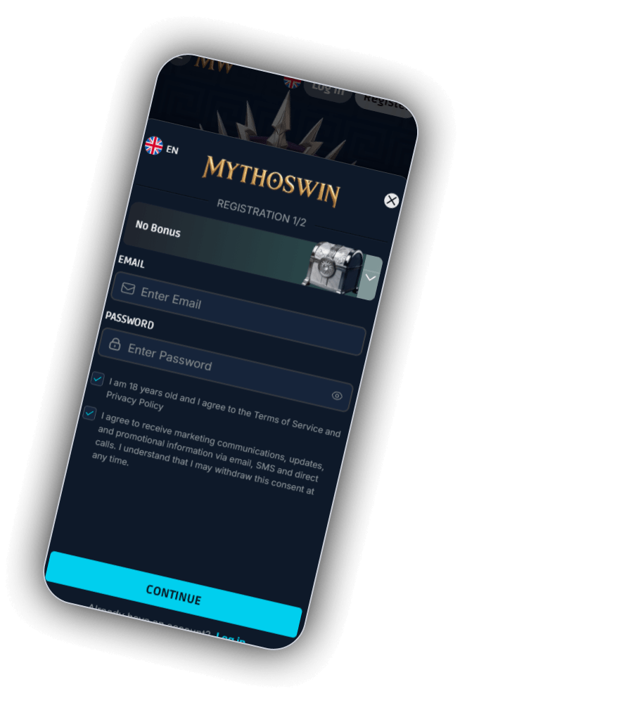 Registratie bij het casino MythosWin met de velden EMAIL en PASSWORD en de knop CONTINUE
