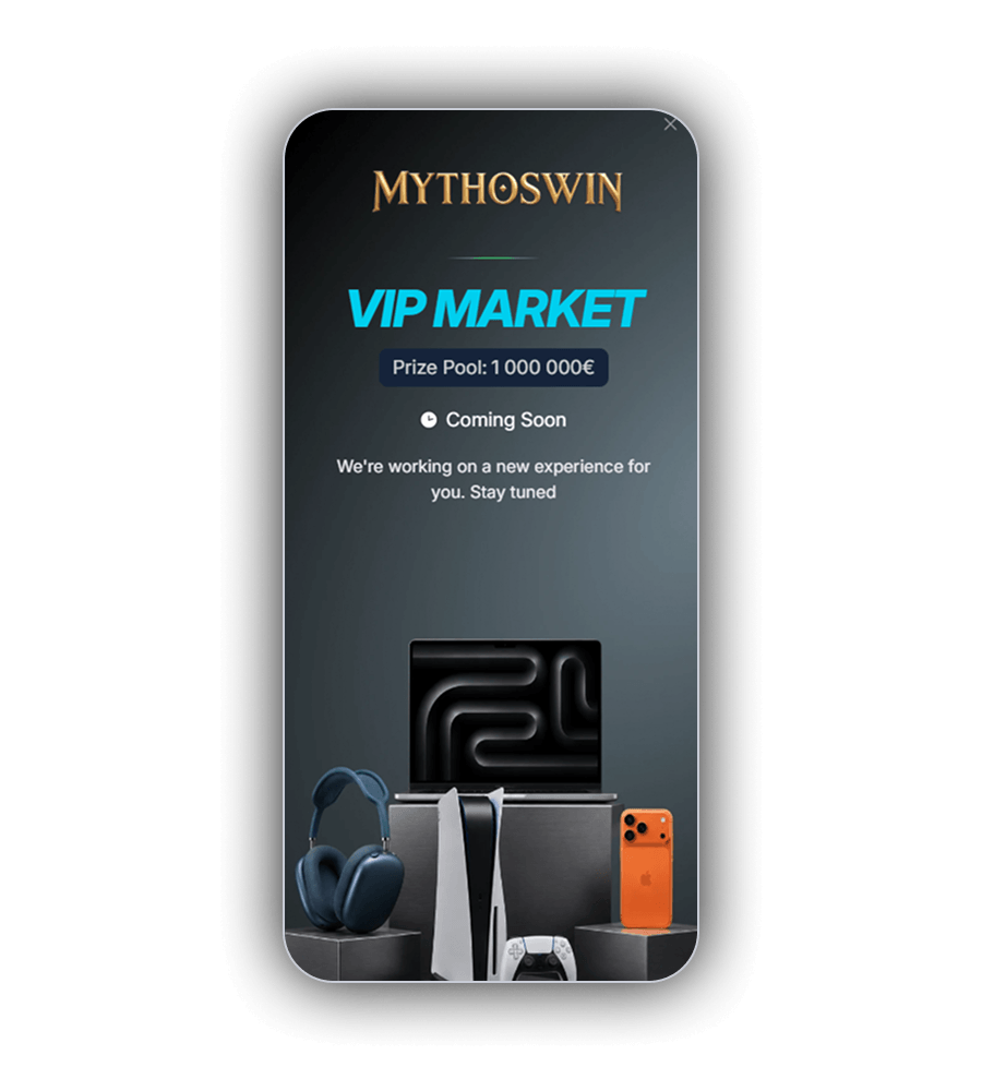 Bonusaanbieding van het MythosWin Casino: de VIP MARKET met een laptop, koptelefoon, PS5 en telefoon