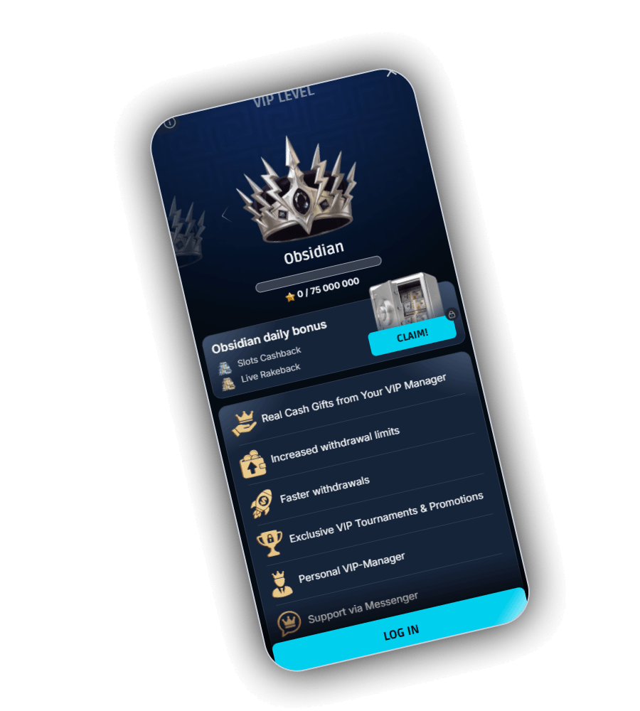 Casino MythosWin VIP-Club met het niveau Obsidian, een voortgangsbalk en de knop LOG IN